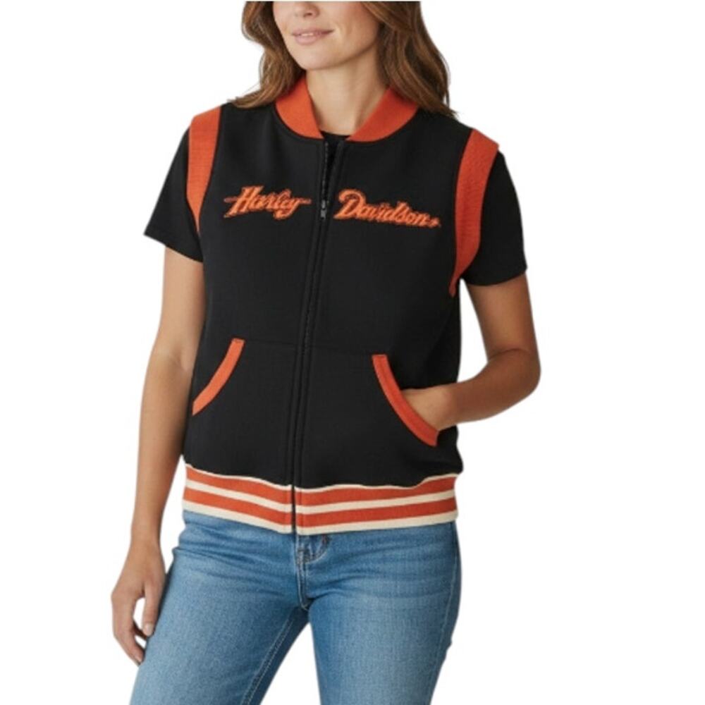 HARLEY DAVIDSON Full Zip Top Women L Black/Orange 2005 Festival Moto Biker VTG